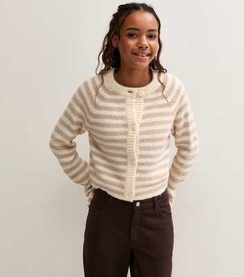Girls Cream Knitted Horizontal Stripe Crew Neck Cardigan with Wool