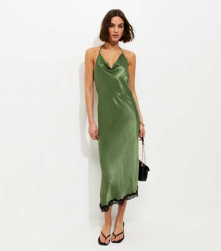 Dark Khaki Halterneck Lace Trim Asymmetric Midi Dress | New Look Dark Khaki Halterneck Lace Trim Asymmetric Midi Dress | New Look