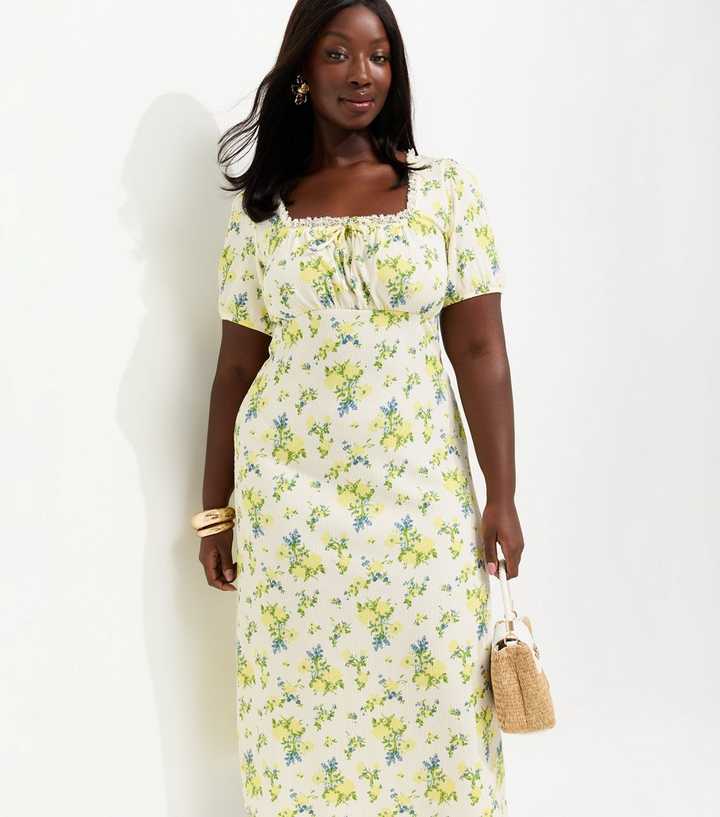 Curves Yellow Floral Print Milkmaid Lace Trim Midi Dress