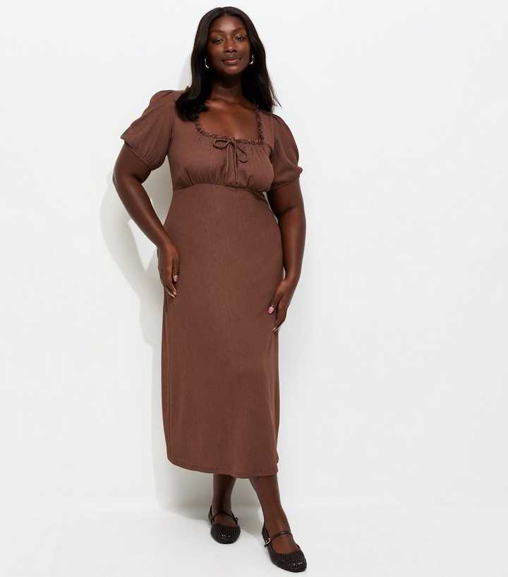 Curves Dark Brown Crinkle Texture Milkmaid Midi Dress