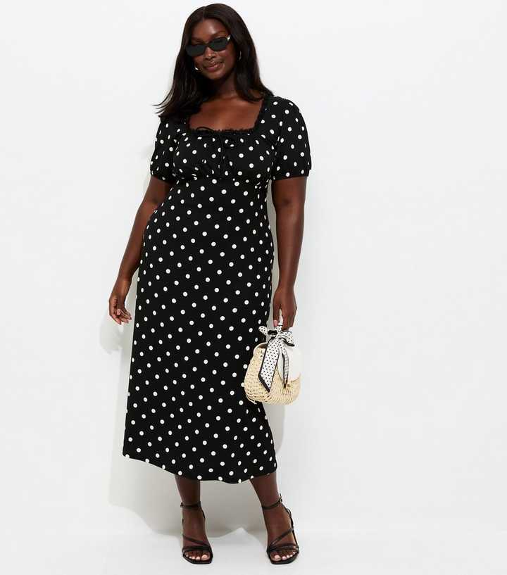 Curves Black Spot Print Milkmaid Midi Dress