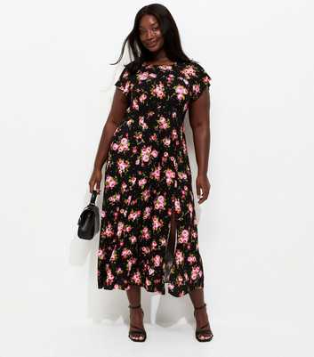 Curves Black Floral Print Lace Trim Midi Dress