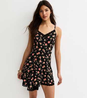 Black Rose Pattern Lace Trim Mini Dress