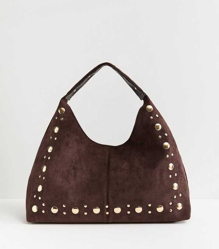 Dark Brown Faux Suede Studded Hobo Bag