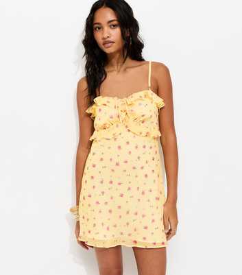 Light Yellow Ditsy Floral Chiffon Ruffle Strappy Mini Dress