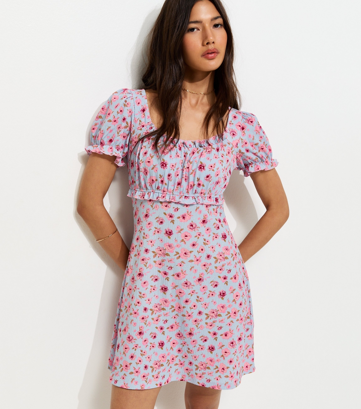 Women's Blue Floral Print Crinkle Texture Mini Dress New Look