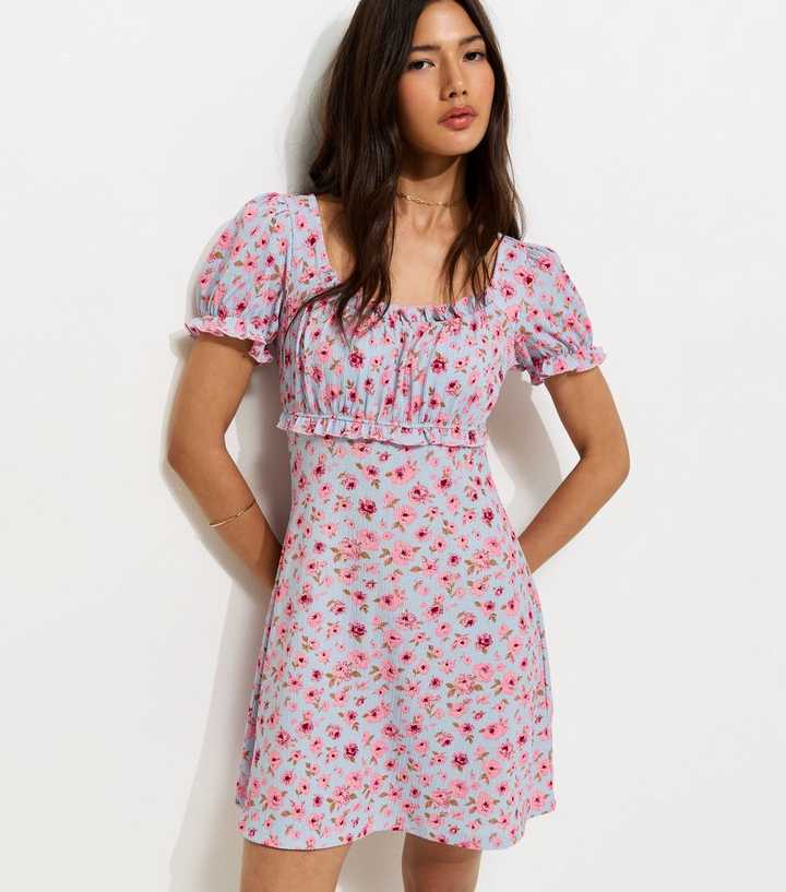 Blue Floral Print Crinkle Texture Mini Dress