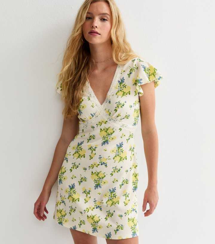 Yellow Floral Print Lace Trim Mini Dress