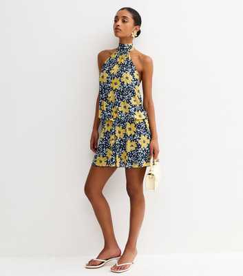 Blue Floral Mesh Halter Neck Mini Dress