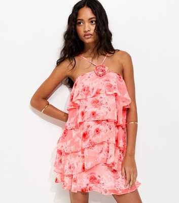 Pink Rose Print Ruffle Halterneck Mini Dress