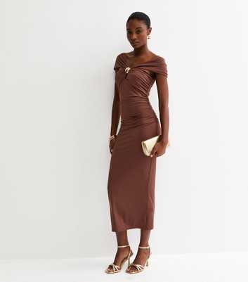 Brown Off The Shoulder Embellishment Detail Midi Dress