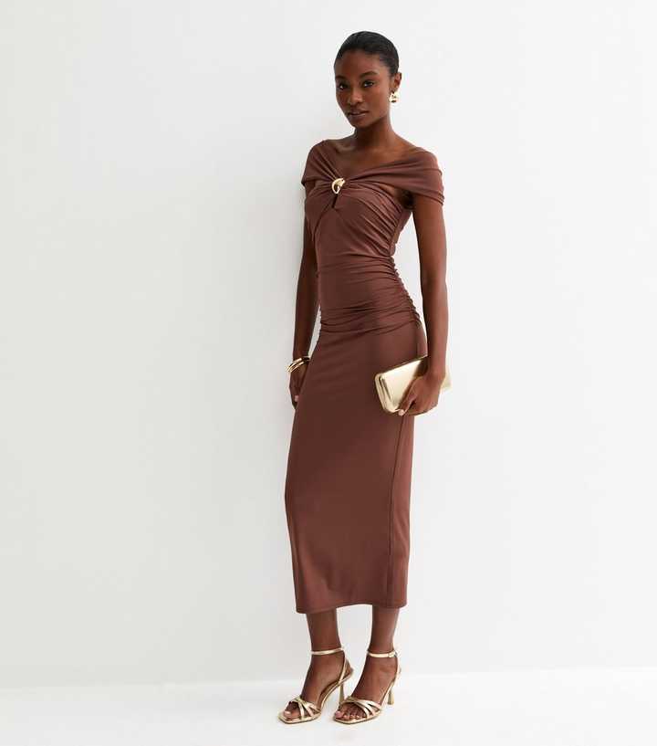 Brown Off The Shoulder Embellishment Detail Midi Dress