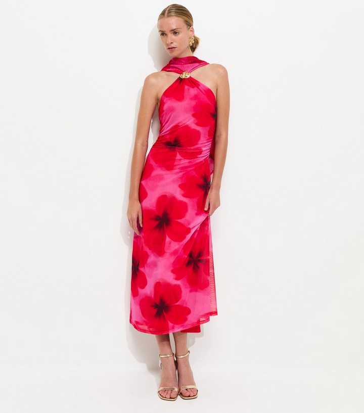 Dark Pink Floral Halter Scarf Detail Mesh Midi Dress