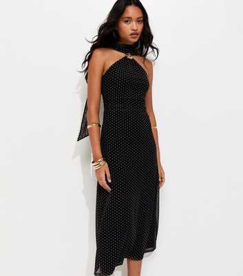 Black Polka Dot Halterneck Midi Dress with Scarf