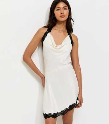 Cream Halter Lace Trim Asymmetric Mini Dress