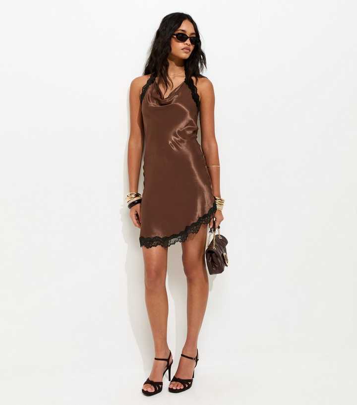 Dark Brown Halter Lace Trim Asymmetric Mini Dress
