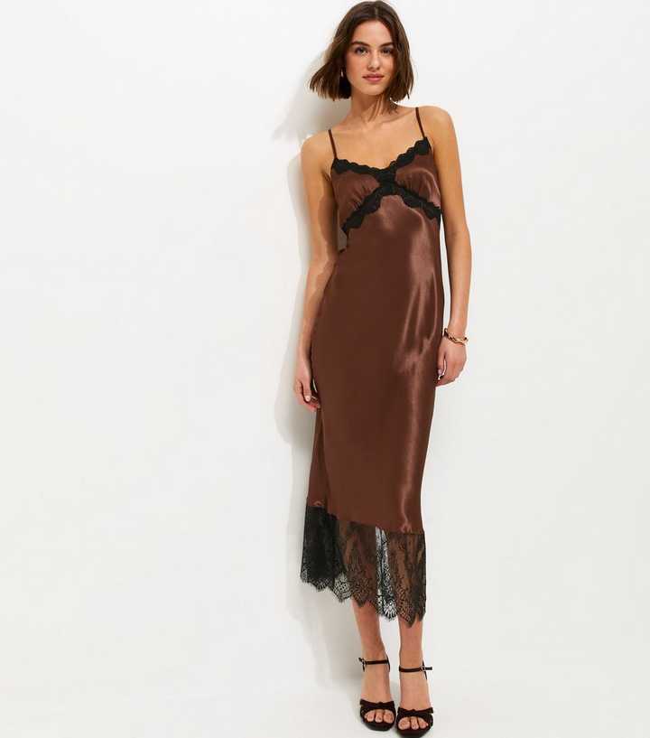 Dark Brown Satin Lace Trim Midi Dress