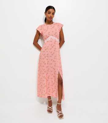 Pink Floral Lace Waist Midi Dress