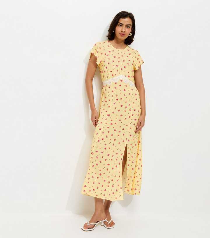 Yellow Floral Lace Waist Midi Dress
