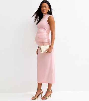 Maternity Pale Pink High Neck Midi Dress