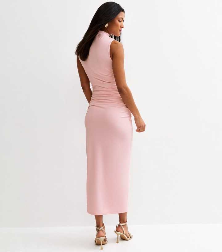 knee length dresses for ladies Tulip Blush Pink Pleated High-Neck Midi Dress – Club L London main image 1