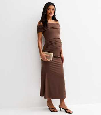 Maternity Dark Brown Off Shoulder Midi Dress