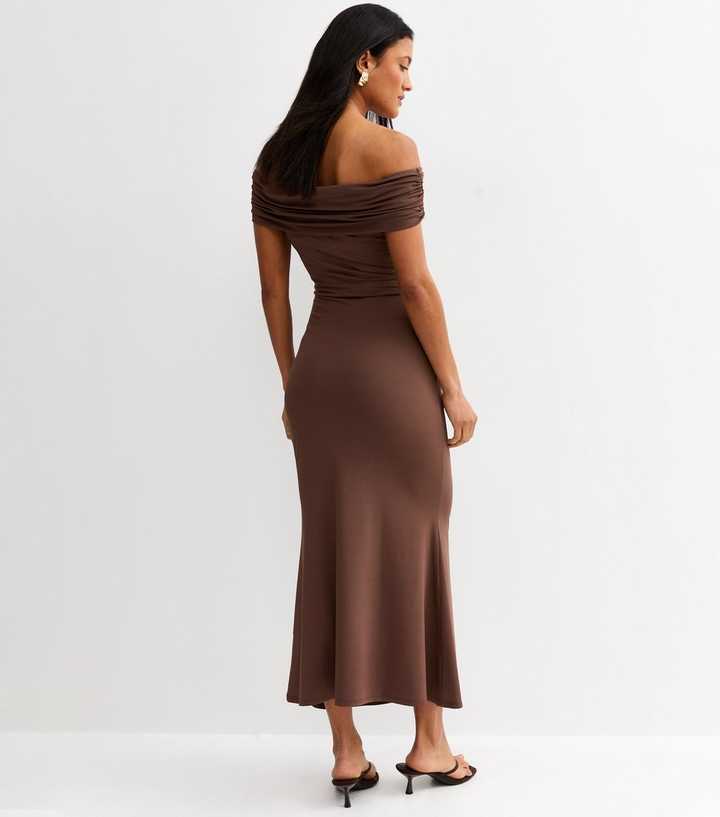 Maternity Dark Brown Off Shoulder Midi Dress | New Look Maternity Dark Brown Off Shoulder Midi Dress | New Look