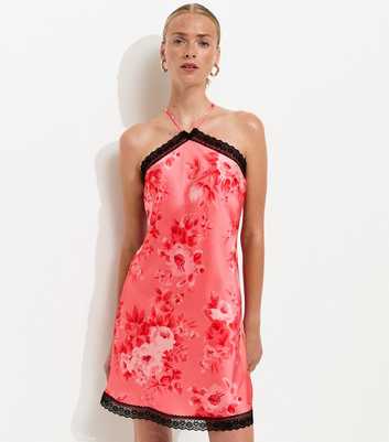 Pink Satin Rose Print Halterneck Mini Dress
