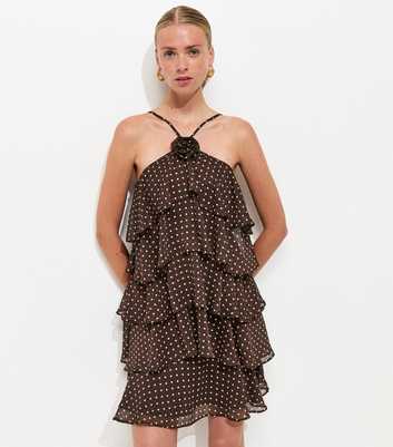 Brown Polka Dot Ruffle Halterneck Mini Dress