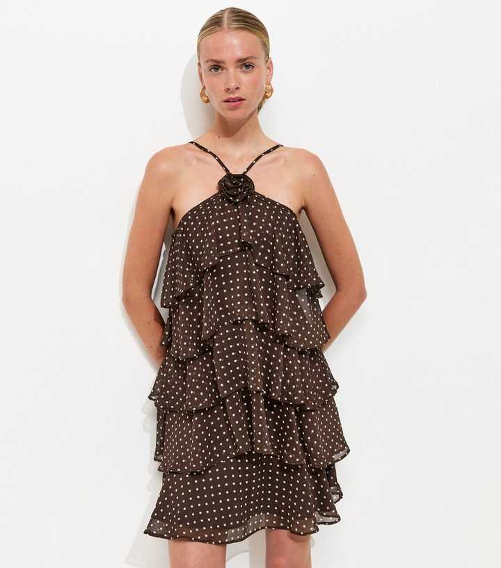 Brown Polka Dot Ruffle Halterneck Mini Dress
