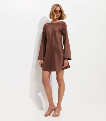 Dark Brown Satin Flared Sleeve Cowl Back Mini Dress | New Look