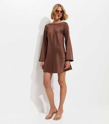 Dark Brown Satin Flared Sleeve Cowl Back Mini Dress