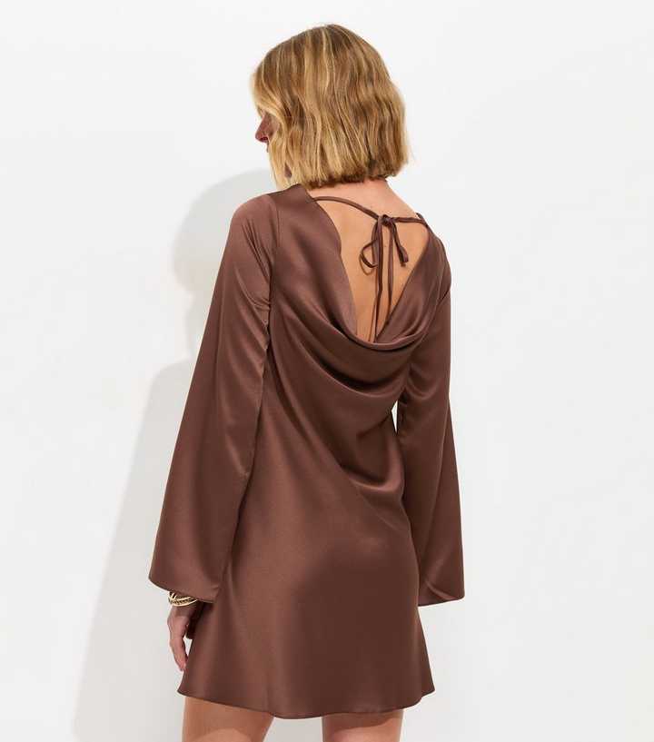 Dark Brown Satin Flared Sleeve Cowl Back Mini Dress | New Look