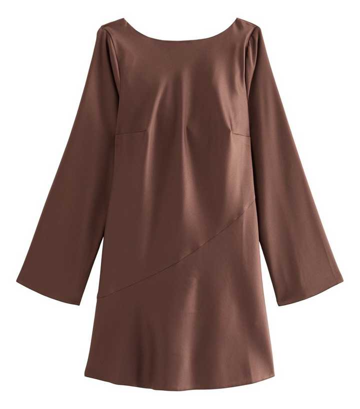 Dark Brown Satin Flared Sleeve Cowl Back Mini Dress | New Look