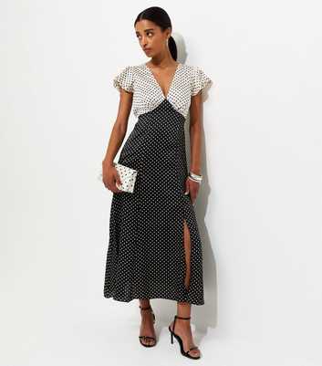Black and White Satin Polka Dot Midi Dress