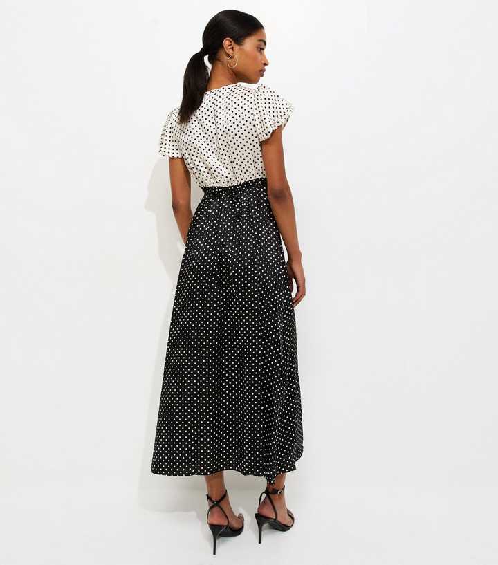 Black and White Satin Polka Dot Midi Dress | New Look
