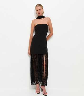 Black Lace Bandeau Midi Dress with Scarf