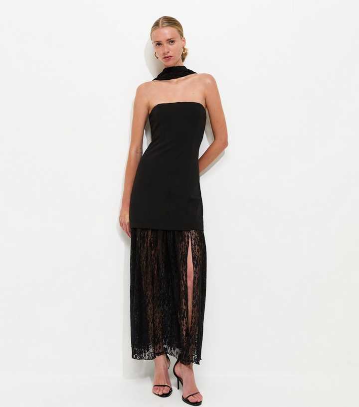 Black Lace Bandeau Midi Dress with Scarf