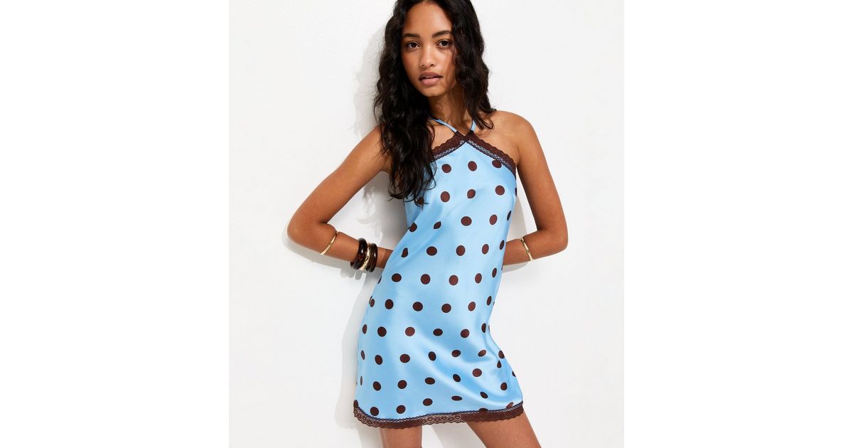 Light Blue Polka Dot Halter Lace Trim Satin Mini Dress | New Look
