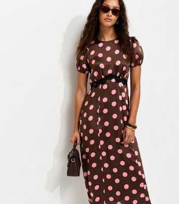 Brown Satin Polka Dot Puff Sleeve Midi Dress