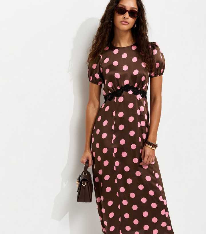 Brown Satin Polka Dot Puff Sleeve Midi Dress