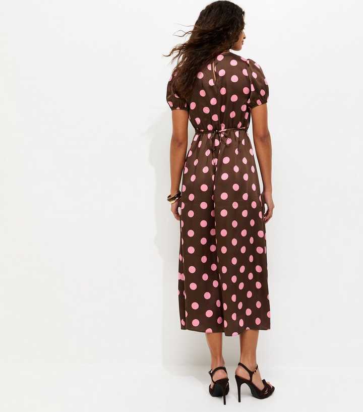 Brown Satin Polka Dot Puff Sleeve Midi Dress | New Look