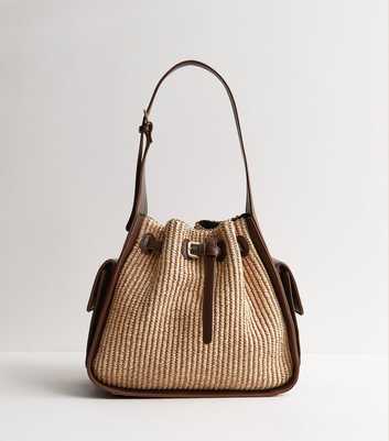 Brown Woven Belted Bucket Bag
