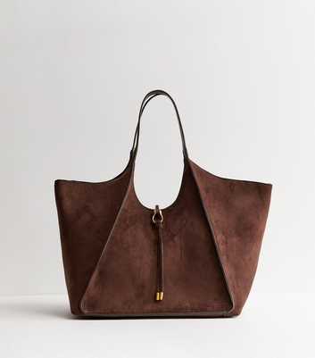 Dark Brown Faux Suede Exposed Seam Tote Bag