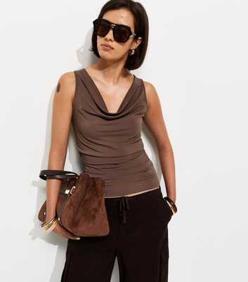 Brown Slinky Jersey Cowl Neck Top