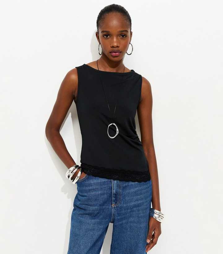 Black Jersey Lace Trim Asymmetric Hem Top