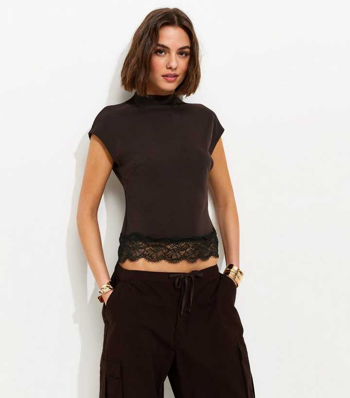 Dark Brown Lace Hem Grown On Sleeve T-Shirt