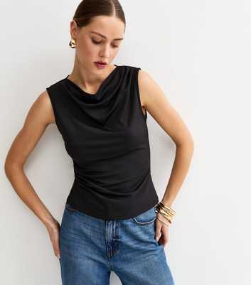 Black Jersey Draped Sleeveless Top