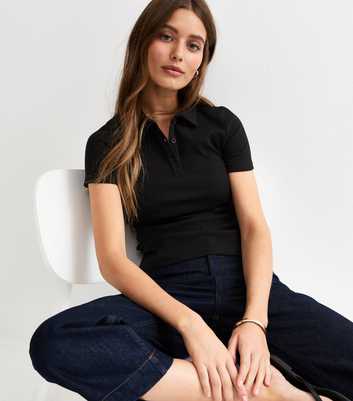 Black Ribbed Short Sleeve Polo Top