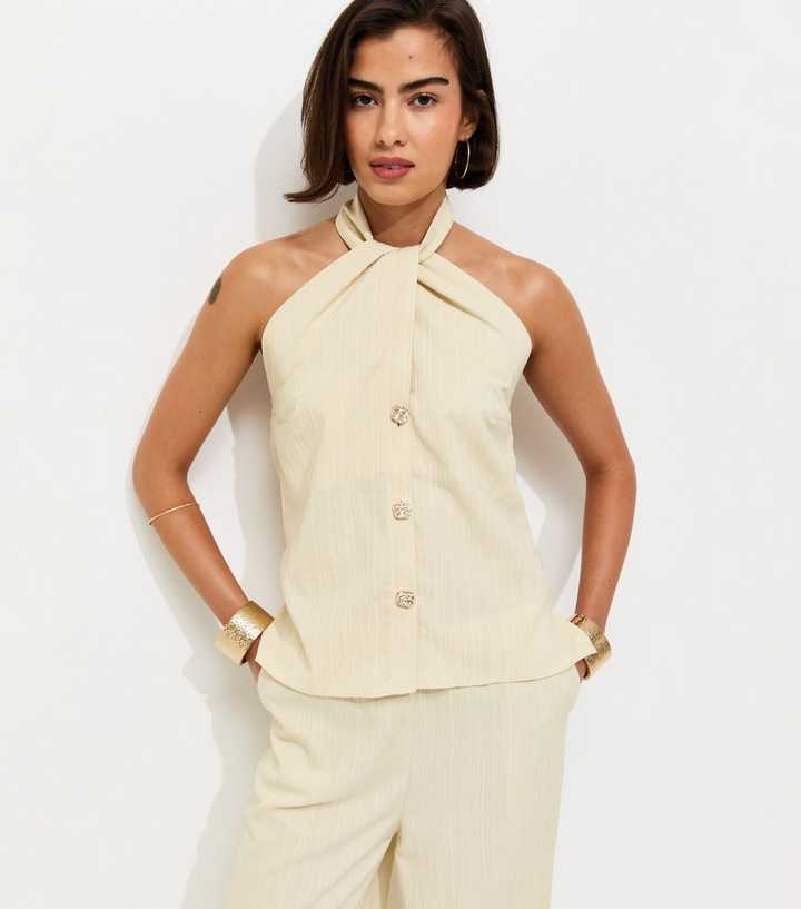 Stone Button Detail Halter Neck Waistcoat Top